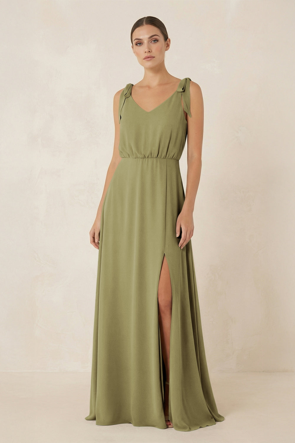 V-Neck A-Line Chiffon Bridesmaid Dress in Moss Green
