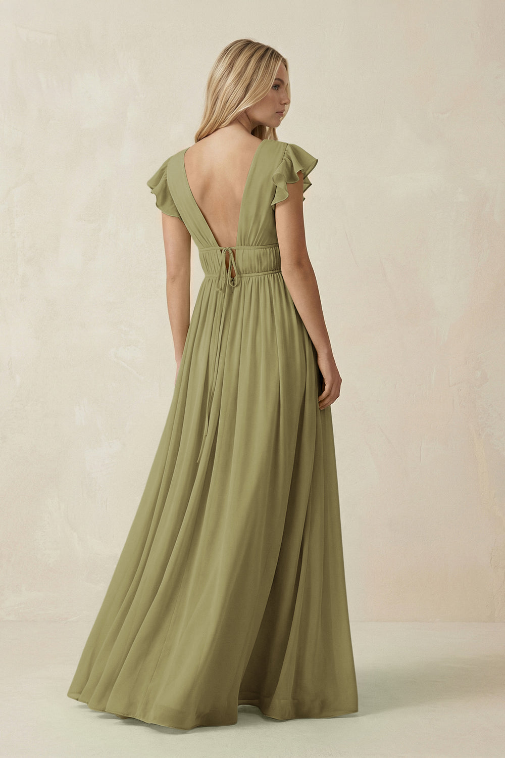 V-Neck A-Line Chiffon Cap Sleeves Bridesmaid Dress in Moss Green