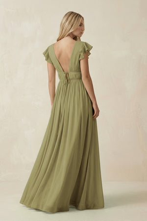 Moss Green V-Neck A-Line Chiffon Cap Sleeves Bridesmaid Dress (2) | KISSBRIDAL