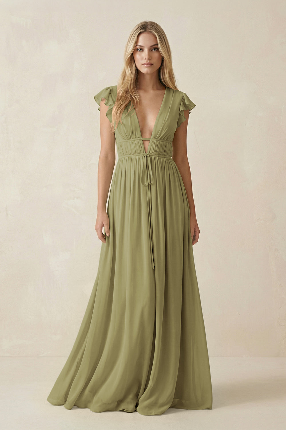 V-Neck A-Line Chiffon Cap Sleeves Bridesmaid Dress in Moss Green