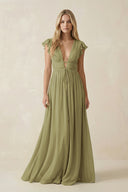 Moss Green V-Neck A-Line Chiffon Cap Sleeves Bridesmaid Dress | KISSBRIDAL