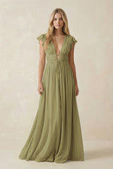 Moss Green V-Neck A-Line Chiffon Cap Sleeves Bridesmaid Dress | KISSBRIDAL
