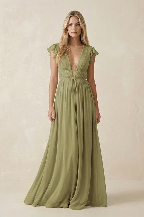 Moss Green V-Neck A-Line Chiffon Cap Sleeves Bridesmaid Dress | KISSBRIDAL