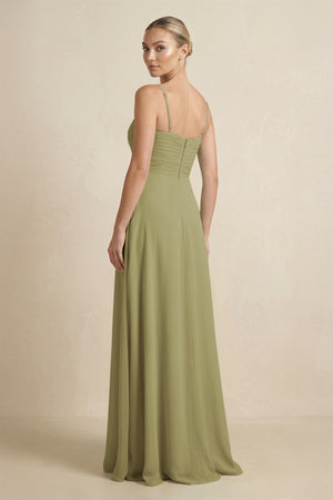 Moss Green V-Neck A-Line Chiffon Pleated Bridesmaid Dress (2) | KISSBRIDAL