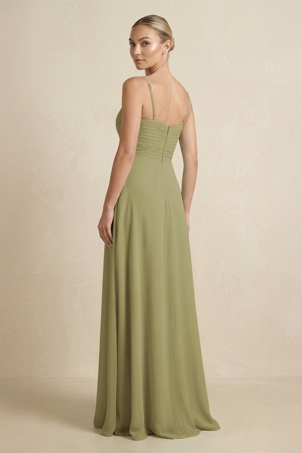Moss Green V-Neck A-Line Chiffon Pleated Bridesmaid Dress (2) | KISSBRIDAL