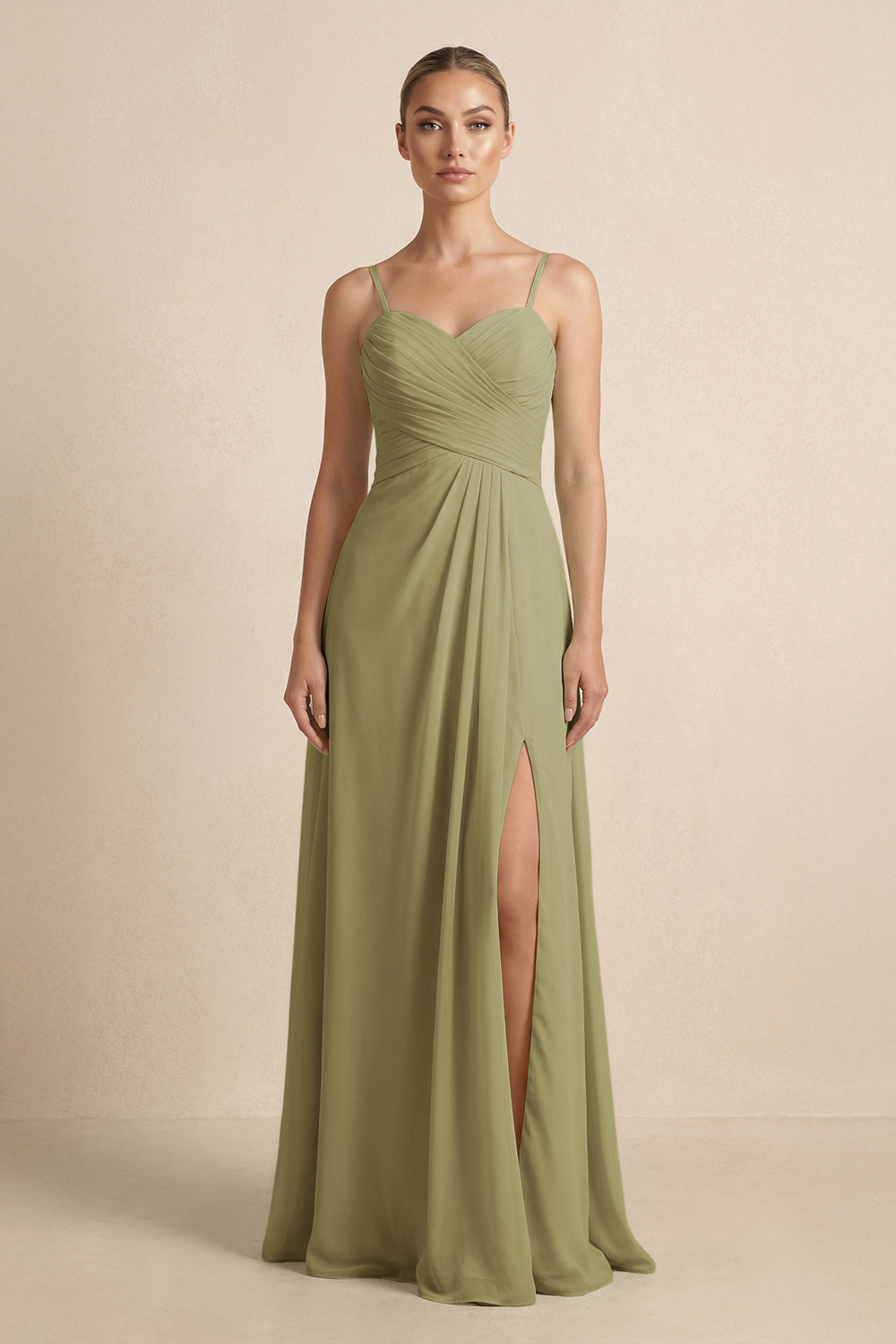 V-Neck A-Line Chiffon Pleated Bridesmaid Dress in Moss Green