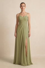 Moss Green V-Neck A-Line Chiffon Pleated Bridesmaid Dress | KISSBRIDAL