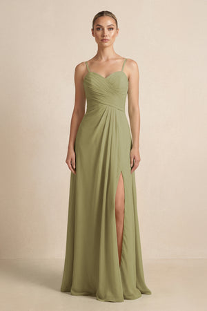 Moss Green V-Neck A-Line Chiffon Pleated Bridesmaid Dress | KISSBRIDAL