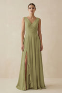 Moss Green V-Neck A-Line Chiffon Ruffled Bridesmaid Dress | KISSBRIDAL