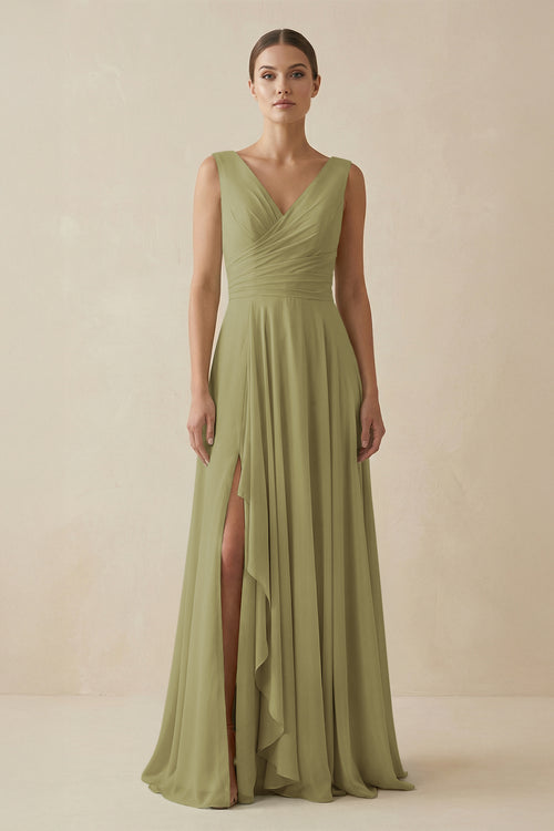 Moss Green V-Neck A-Line Chiffon Ruffled Bridesmaid Dress | KISSBRIDAL
