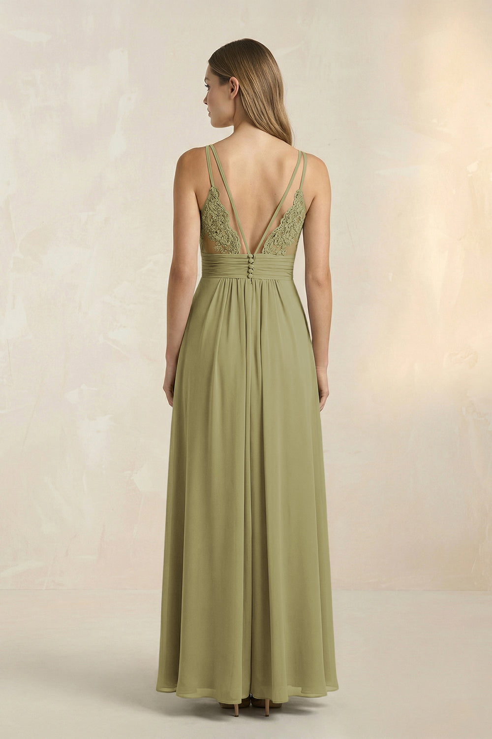 V-Neck A-Line Pleated Chiffon Bridesmaid Dress in Moss Green