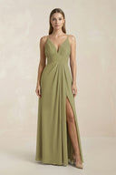 Moss Green V-Neck A-Line Pleated Chiffon Bridesmaid Dress | KISSBRIDAL