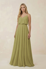 Moss Green V-Neck Blouson A-Line Chiffon Bridesmaid Dress | KISSBRIDAL