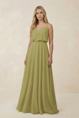 Moss Green V-Neck Blouson A-Line Chiffon Bridesmaid Dress | KISSBRIDAL