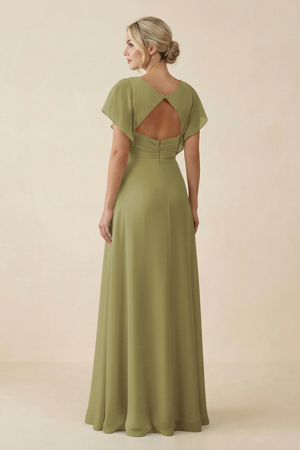 V-Neck Cap Sleeve Chiffon Bridesmaid Dress with Cut-out Back in Moss Green