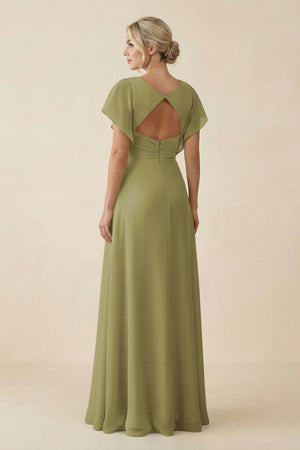 Moss Green V-Neck Cap Sleeve Chiffon Bridesmaid Dress with Cut-out Back (2) | KISSBRIDAL
