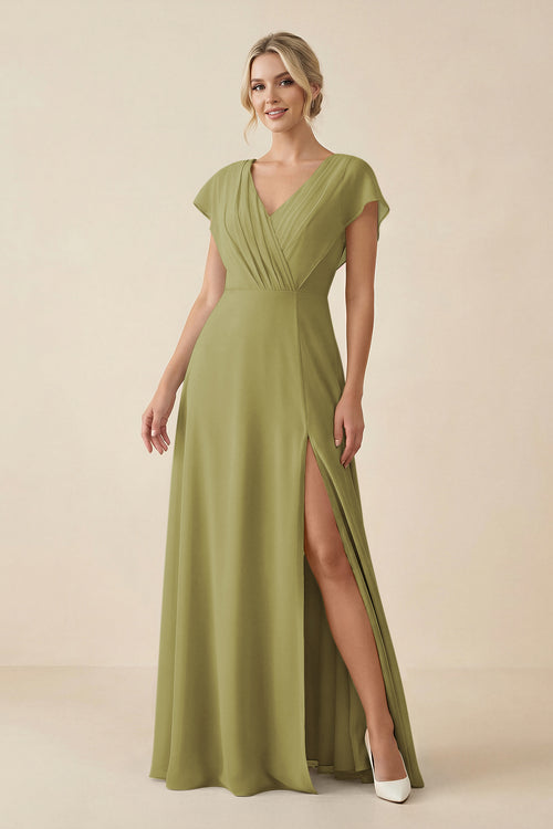 Moss Green V-Neck Cap Sleeve Chiffon Bridesmaid Dress with Cut-out Back | KISSBRIDAL