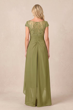Moss Green V-Neck Chiffon A-Line Embroidered Ruched Mother of the Bride Dress (2) | KISSBRIDAL
