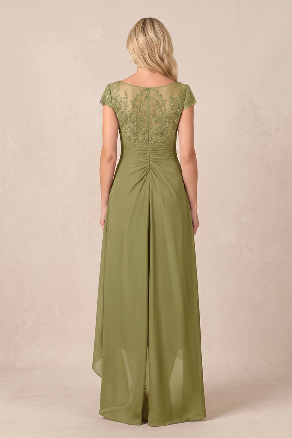 Moss Green V-Neck Chiffon A-Line Embroidered Ruched Mother of the Bride Dress (2) | KISSBRIDAL