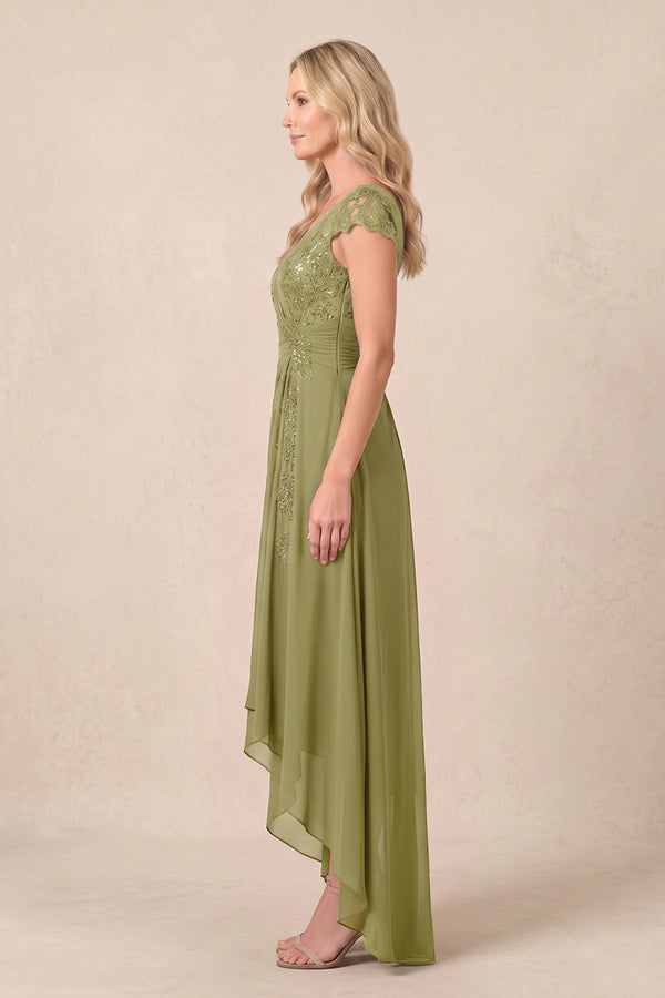 Moss Green V-Neck Chiffon A-Line Embroidered Ruched Mother of the Bride Dress (3) | KISSBRIDAL