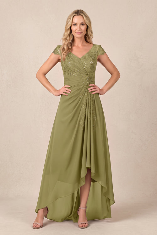 Moss Green V-Neck Chiffon A-Line Embroidered Ruched Mother of the Bride Dress | KISSBRIDAL