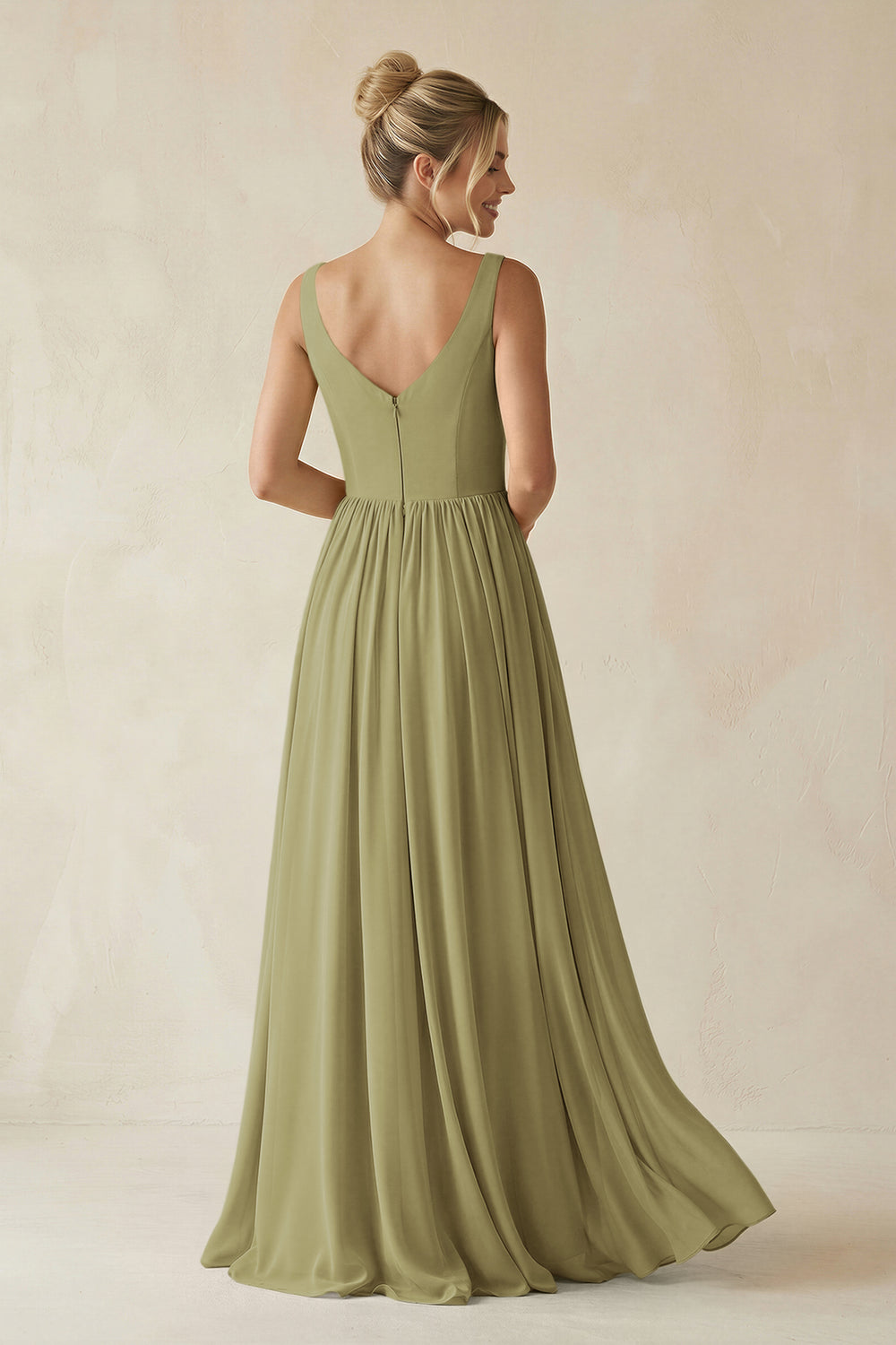 V-Neck Chiffon A-Line Long Bridesmaid Dress in Moss Green