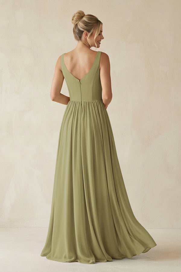 Moss Green V-Neck Chiffon A-Line Long Bridesmaid Dress (2) | KISSBRIDAL