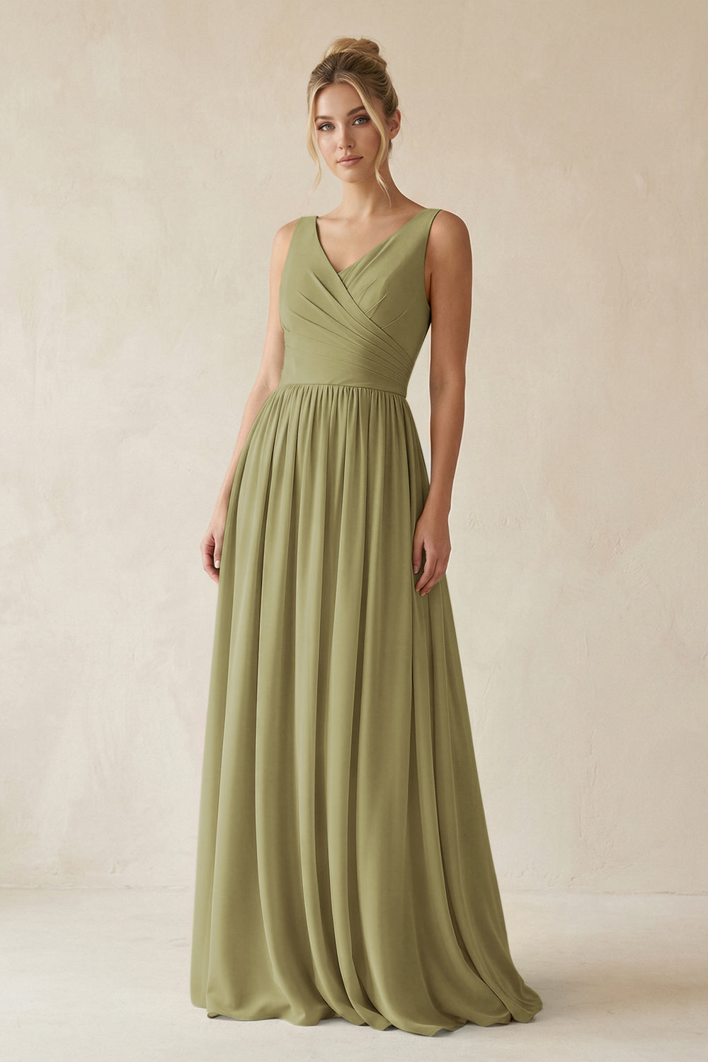 V-Neck Chiffon A-Line Long Bridesmaid Dress in Moss Green