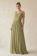 Moss Green V-Neck Chiffon A-Line Long Bridesmaid Dress | KISSBRIDAL