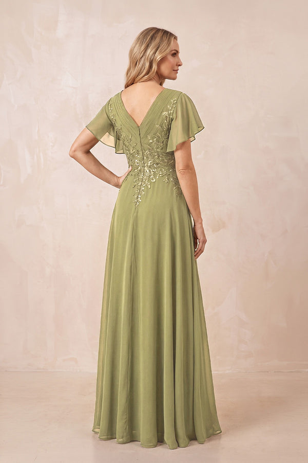 Moss Green V-Neck Chiffon Ruffled Sleeves A-Line Mother of the Bride Dress (2) | KISSBRIDAL