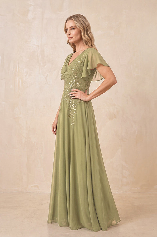 Moss Green V-Neck Chiffon Ruffled Sleeves A-Line Mother of the Bride Dress (3) | KISSBRIDAL