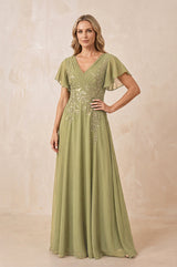 Moss Green V-Neck Chiffon Ruffled Sleeves A-Line Mother of the Bride Dress | KISSBRIDAL