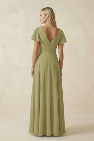 Moss Green V-Neck Flutter Sleeve A-Line Chiffon Bridesmaid Dress (2) | KISSBRIDAL