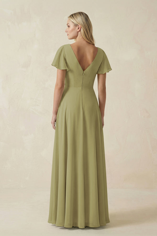 Moss Green V-Neck Flutter Sleeve A-Line Chiffon Bridesmaid Dress (2) | KISSBRIDAL