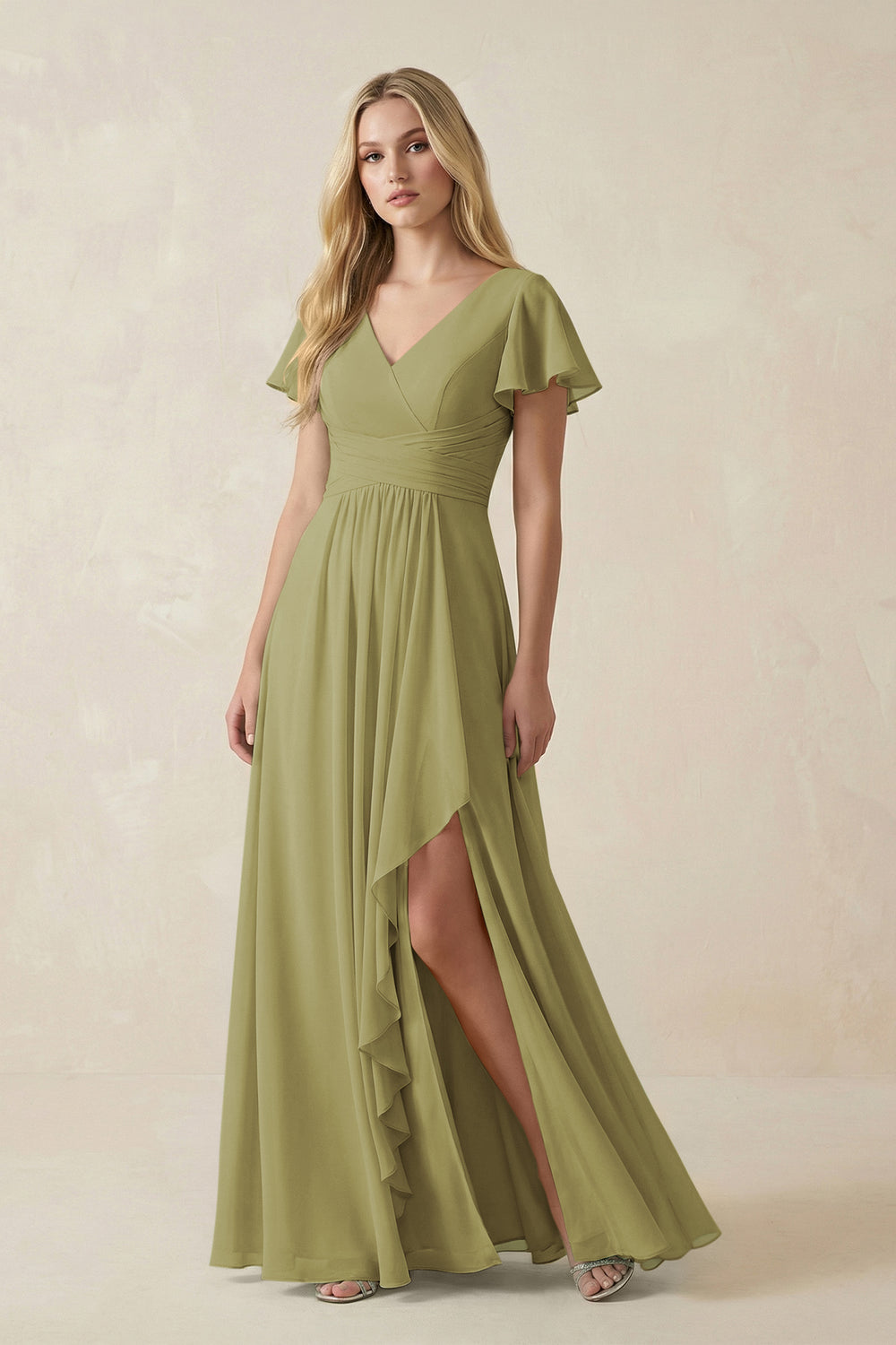 V-Neck Flutter Sleeve A-Line Chiffon Bridesmaid Dress in Moss Green