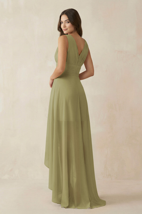Moss Green V-Neck High-Low Chiffon Bridesmaid Dress (2) | KISSBRIDAL