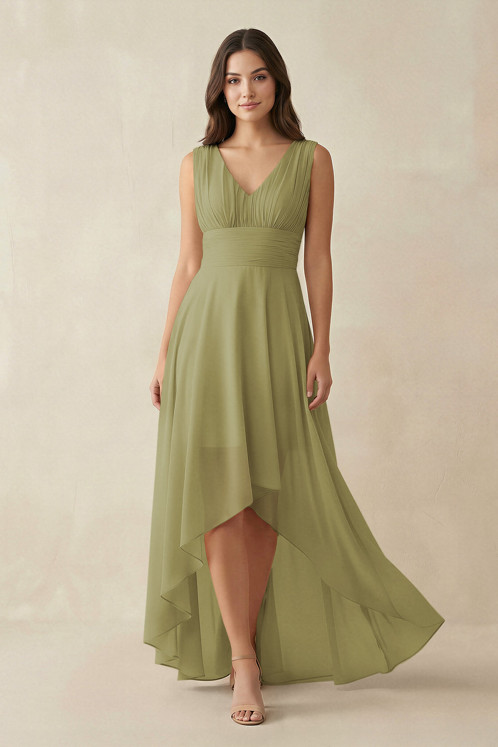 V-Neck High-Low Chiffon Bridesmaid Dress in Moss Green