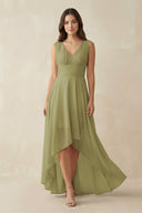 Moss Green V-Neck High-Low Chiffon Bridesmaid Dress | KISSBRIDAL