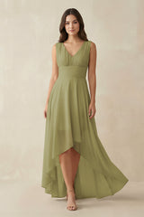 Moss Green V-Neck High-Low Chiffon Bridesmaid Dress | KISSBRIDAL