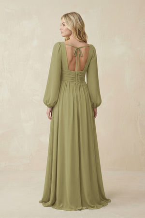 Moss Green V-Neck Long Sleeve A-Line Chiffon Bridesmaid Dress (2) | KISSBRIDAL