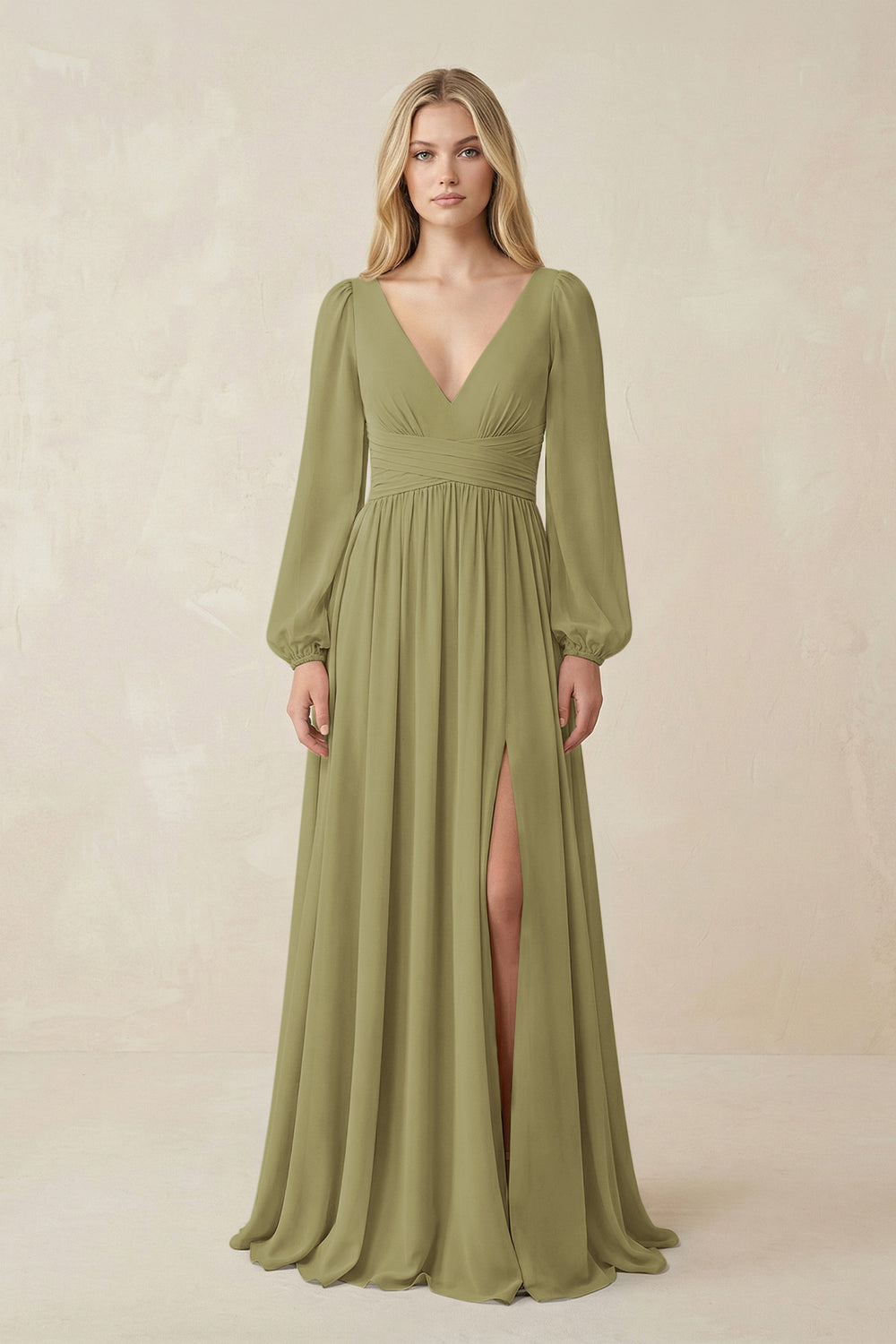 V-Neck Long Sleeve A-Line Chiffon Bridesmaid Dress in Moss Green