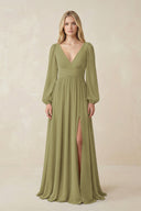 Moss Green V-Neck Long Sleeve A-Line Chiffon Bridesmaid Dress | KISSBRIDAL