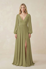 Moss Green V-Neck Long Sleeve A-Line Chiffon Bridesmaid Dress | KISSBRIDAL