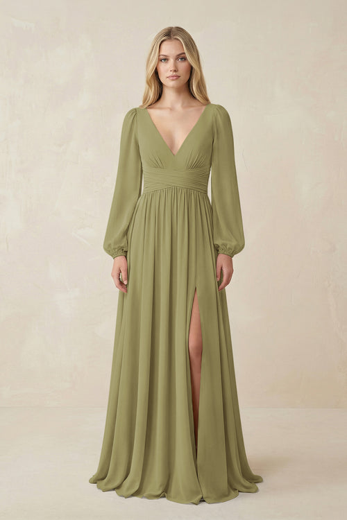 Moss Green V-Neck Long Sleeve A-Line Chiffon Bridesmaid Dress | KISSBRIDAL