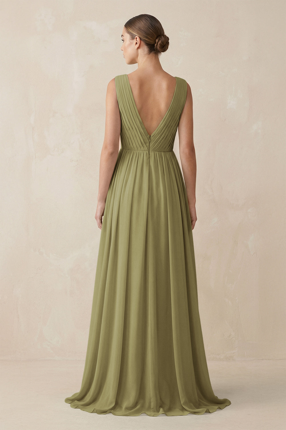 V-Neck Pleated A-Line Chiffon Bridesmaid Dress in Moss Green