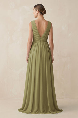 Moss Green V-Neck Pleated A-Line Chiffon Bridesmaid Dress (2) | KISSBRIDAL