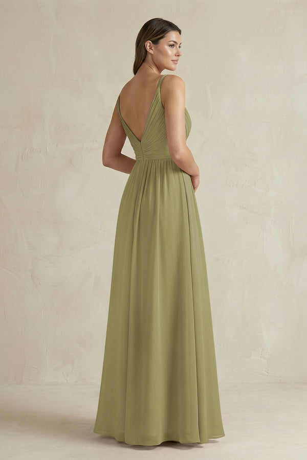Moss Green V-Neck Pleated A-Line Chiffon Bridesmaid Dress (2) | KISSBRIDAL