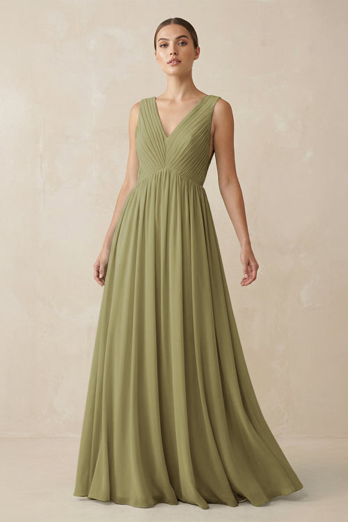Moss Green V-Neck Pleated A-Line Chiffon Bridesmaid Dress | KISSBRIDAL