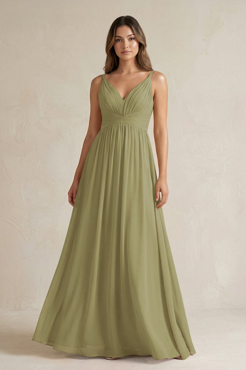 Moss Green V-Neck Pleated A-Line Chiffon Bridesmaid Dress | KISSBRIDAL