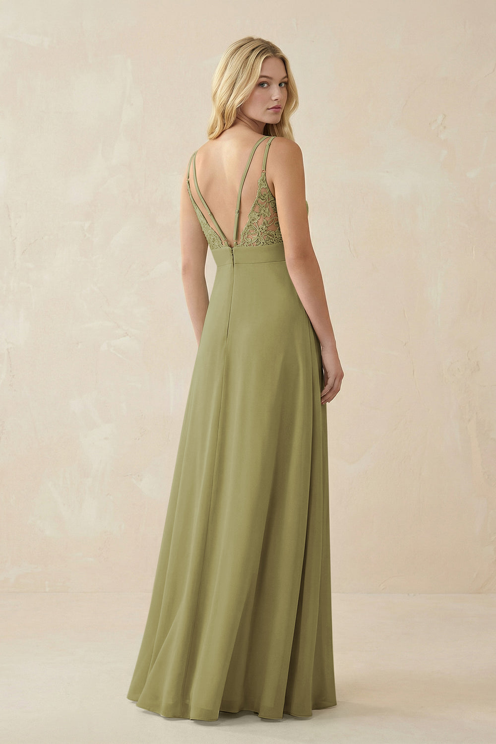 V-Neck Ruched Chiffon Bridesmaid Dress with Slit in Moss Green